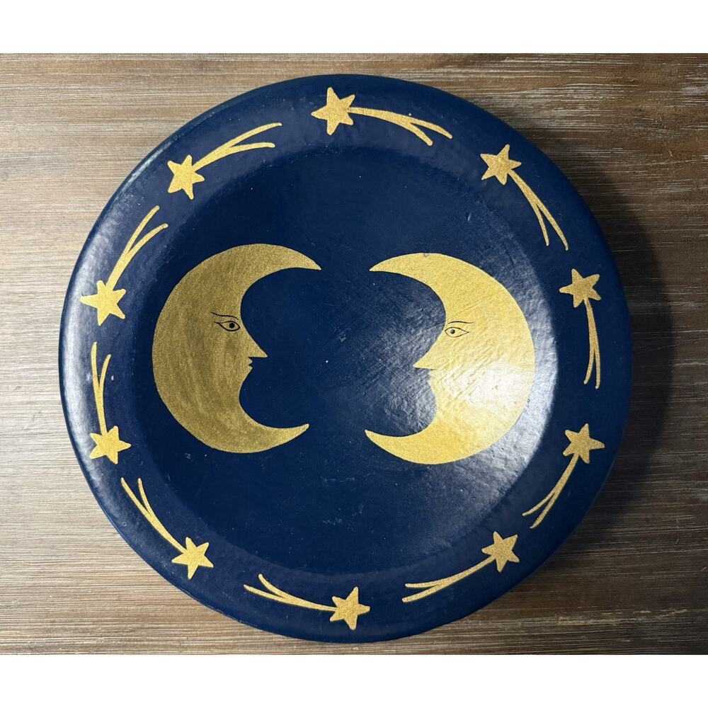Handpainted Celestial Pottery Bowl Dish Blue Two Moons Shooting Stars